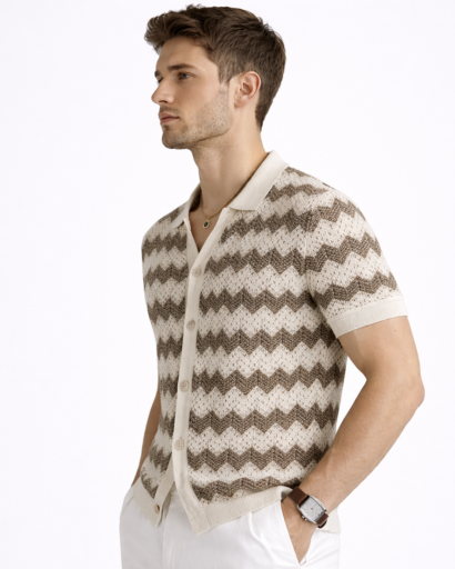 Polo homme maille à manches courtes avec motif chevron et boutons