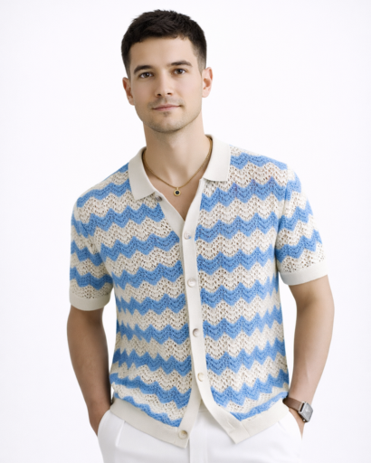 Polo homme maille à manches courtes avec motif chevron et boutons