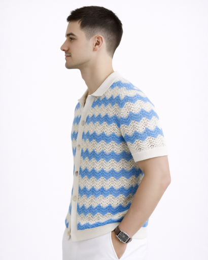 Polo homme maille à manches courtes avec motif chevron et boutons