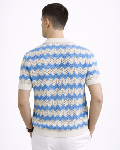 Polo homme maille à manches courtes avec motif chevron et boutons