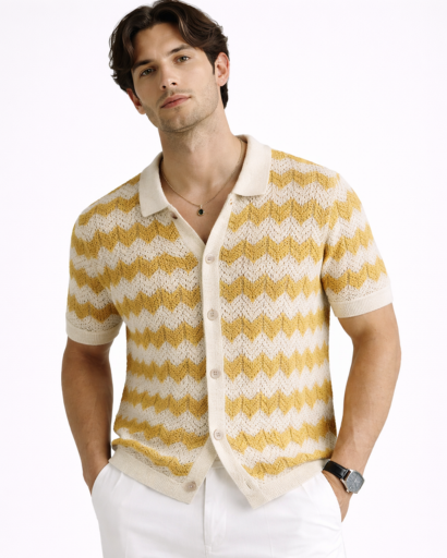 Polo homme maille à manches courtes avec motif chevron et boutons