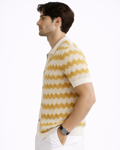 Polo homme maille à manches courtes avec motif chevron et boutons