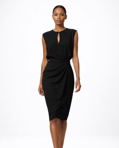 Robe midi ajustée sans manches avec détail drapé et ouverture goutte