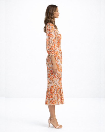 Robe midi fleurie à manches longues avec décolleté en V et volant