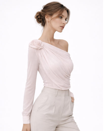 Top asymétrique femme drapé une épaule avec détail fleur
