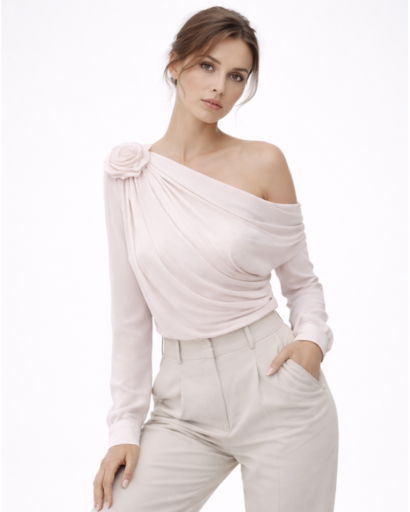 Top asymétrique femme drapé une épaule avec détail fleur