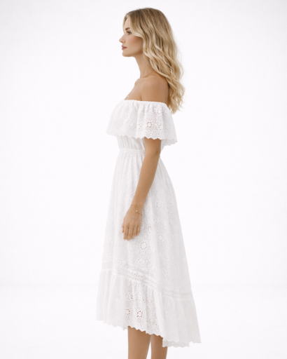 Robe midi femme bardot dentelle coupe évasée avec volants