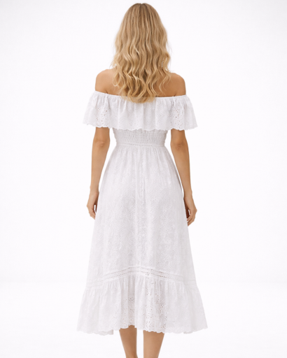 Robe midi femme bardot dentelle coupe évasée avec volants