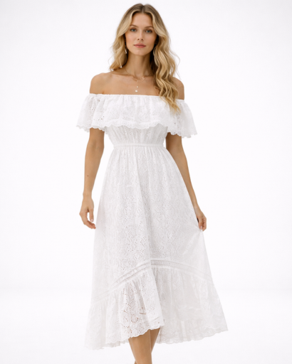 Robe midi femme bardot dentelle coupe évasée avec volants
