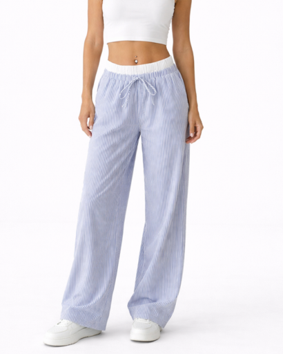 Pantalon large femme taille élastique à cordon rayures verticales