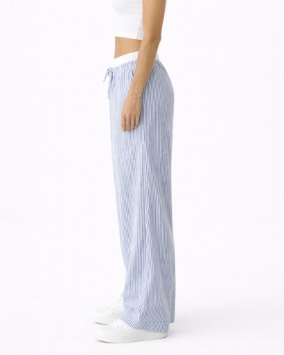 Pantalon large femme taille élastique à cordon rayures verticales