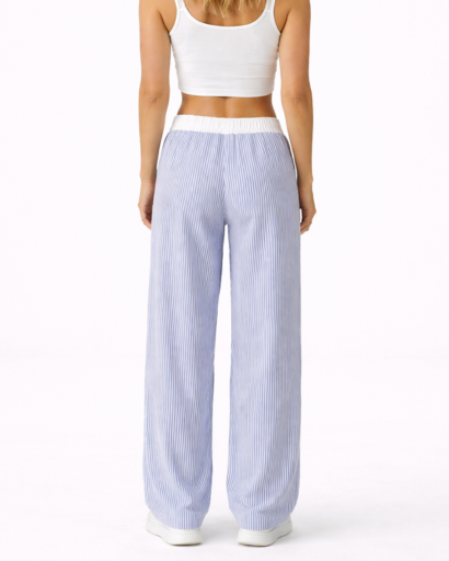 Pantalon large femme taille élastique à cordon rayures verticales