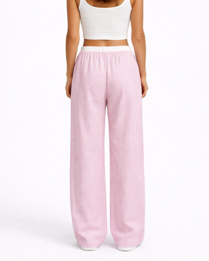Pantalon large femme taille élastique à cordon rayures verticales