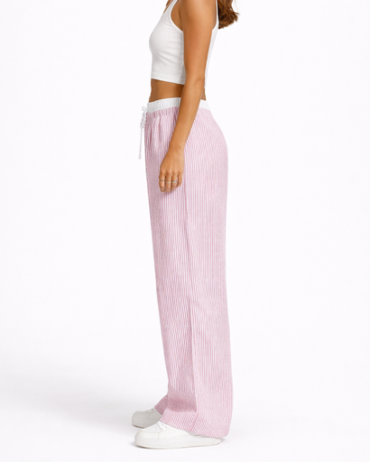 Pantalon large femme taille élastique à cordon rayures verticales