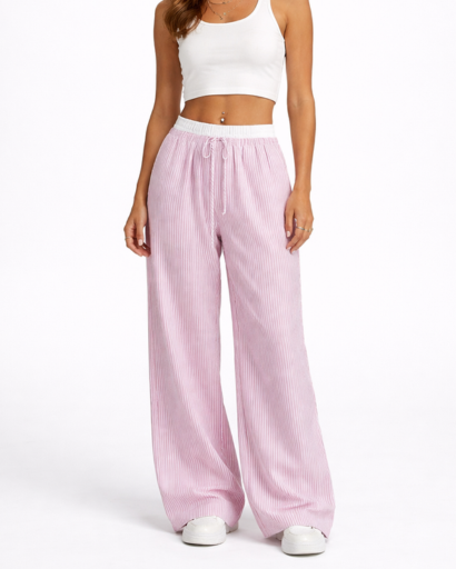 Pantalon large femme taille élastique à cordon rayures verticales