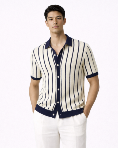 Polo homme rayures verticales coupe ajustée avec boutons