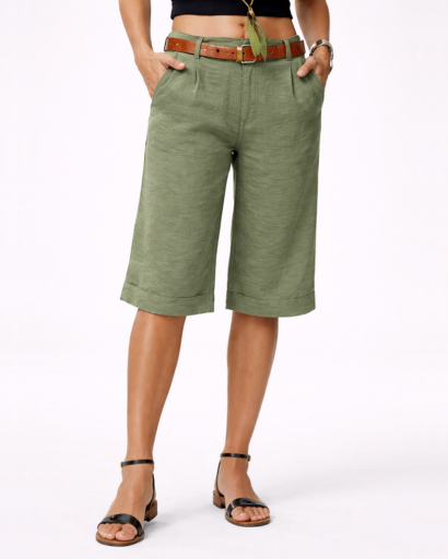 Short bermuda femme taille haute coupe droite avec ceinture