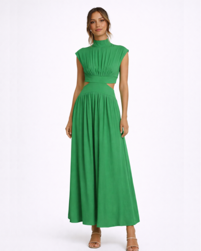 Robe longue fluide à découpes taille col montant sans manches