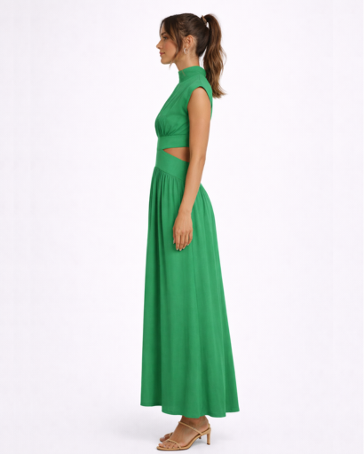 Robe longue fluide à découpes taille col montant sans manches