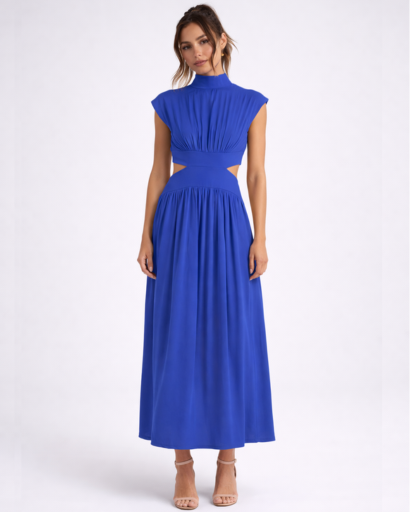 Robe longue fluide à découpes taille col montant sans manches