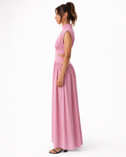 Robe longue fluide à découpes taille col montant sans manches