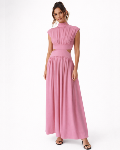 Robe longue fluide à découpes taille col montant sans manches