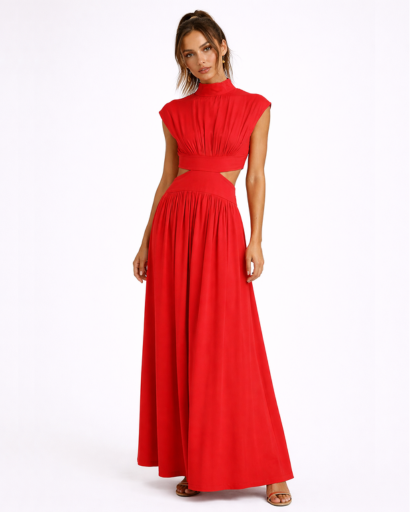 Robe longue fluide à découpes taille col montant sans manches