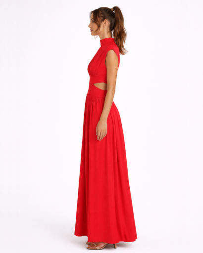 Robe longue fluide à découpes taille col montant sans manches