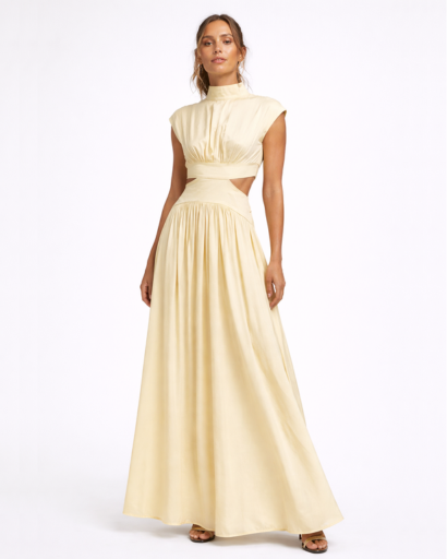 Robe longue fluide à découpes taille col montant sans manches