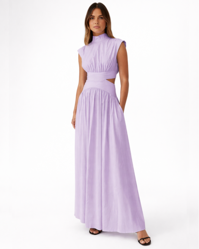 Robe longue fluide à découpes taille col montant sans manches