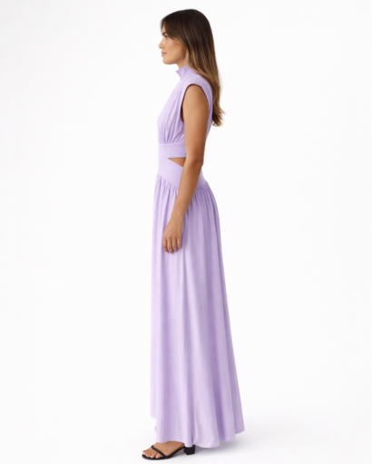 Robe longue fluide à découpes taille col montant sans manches