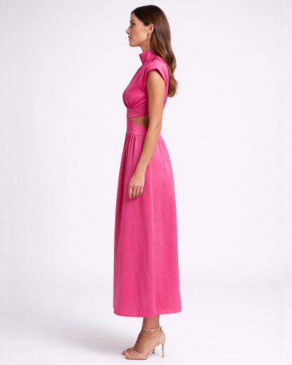 Robe longue fluide à découpes taille col montant sans manches