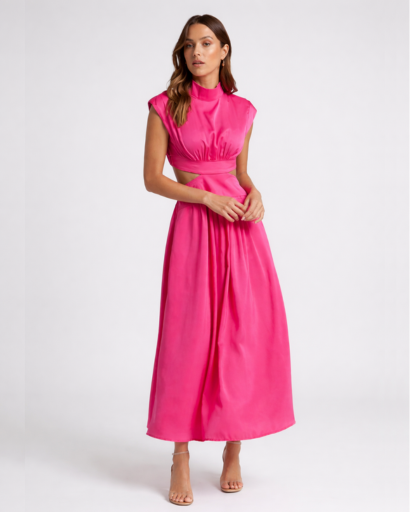 Robe longue fluide à découpes taille col montant sans manches