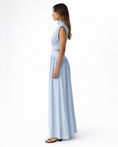 Robe longue fluide à découpes taille col montant sans manches