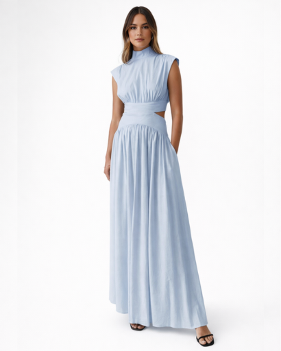 Robe longue fluide à découpes taille col montant sans manches