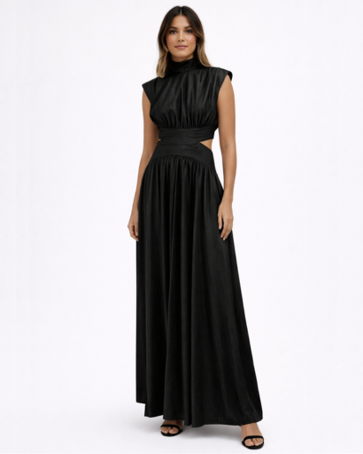 Robe longue fluide à découpes taille col montant sans manches