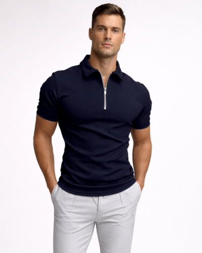 Polo homme ajusté à zip col classique manches courtes