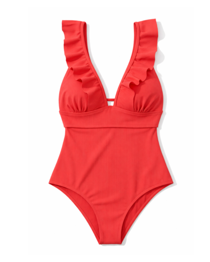 Maillot de bain une pièce femme à volants décolleté plongeant