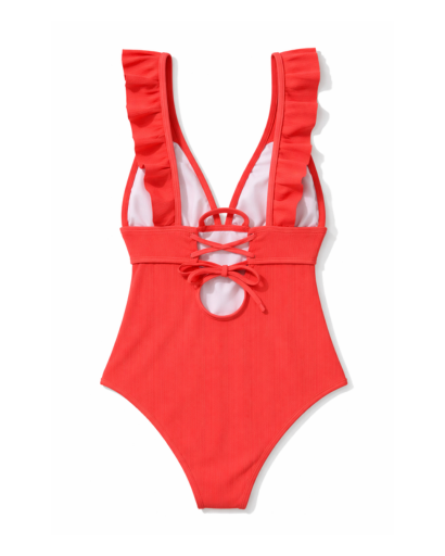 Maillot de bain une pièce femme à volants décolleté plongeant