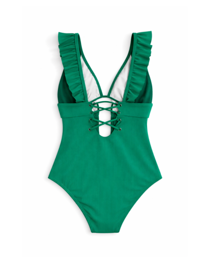 Maillot de bain une pièce femme à volants décolleté plongeant