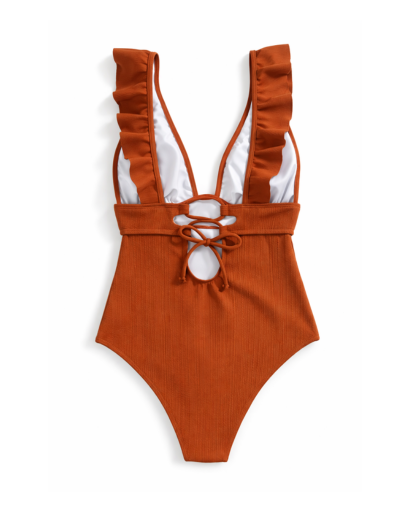 Maillot de bain une pièce femme à volants décolleté plongeant