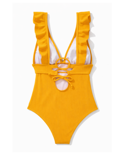 Maillot de bain une pièce femme à volants décolleté plongeant