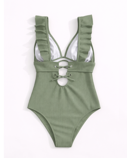 Maillot de bain une pièce femme à volants décolleté plongeant