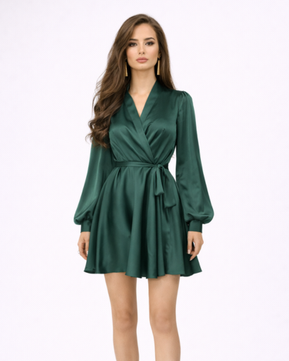 Robe courte satinée portefeuille femme manches longues avec ceinture