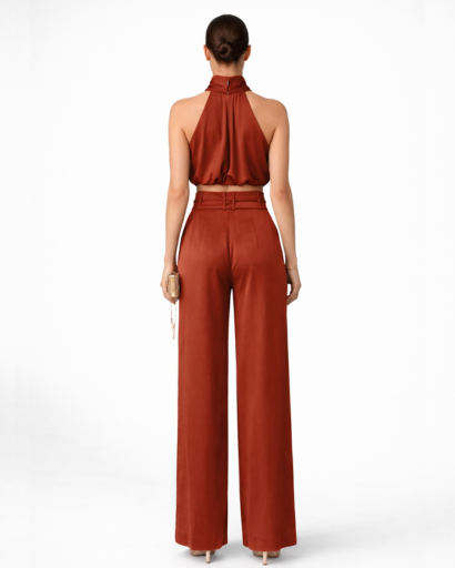Ensemble femme top drapé col montant et pantalon large taille haute