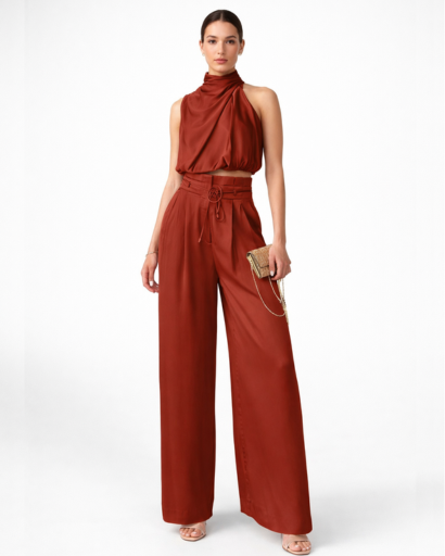 Ensemble femme top drapé col montant et pantalon large taille haute