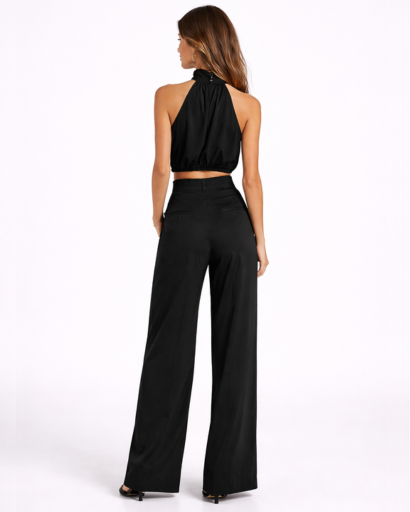 Ensemble femme top drapé col montant et pantalon large taille haute