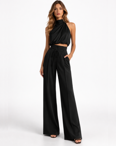 Ensemble femme top drapé col montant et pantalon large taille haute