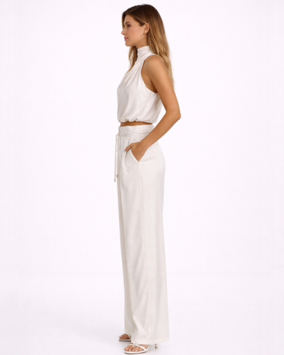 Ensemble femme top drapé col montant et pantalon large taille haute