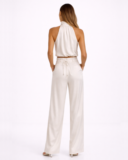 Ensemble femme top drapé col montant et pantalon large taille haute